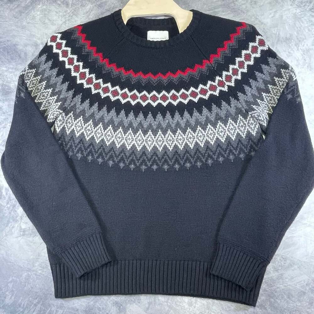 American Eagle Fair Isle Sweater Size L Black Red Gray Cotton Blend Crew Neck